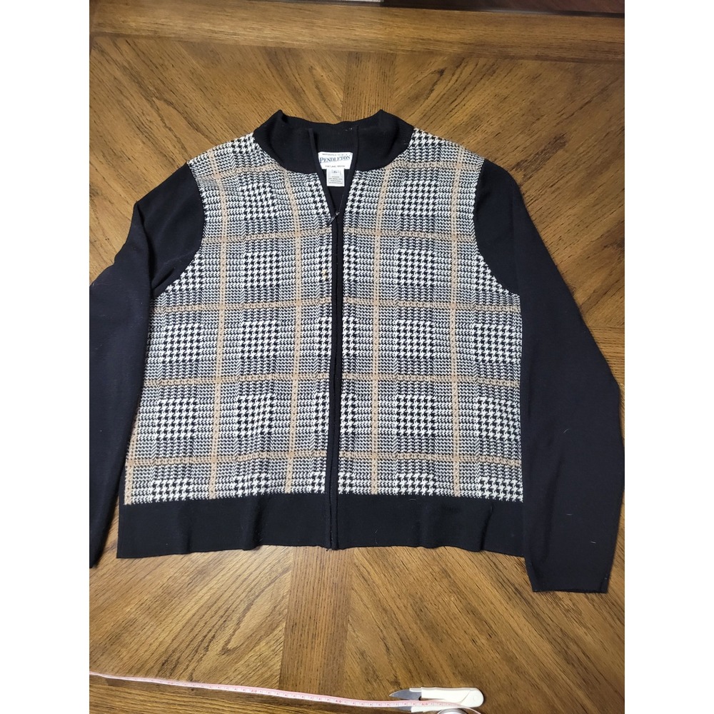 Pendleton Merino Wool Full Zip Cardigan Sweater XL Black Plaid Houndstooth Mock - Picture 7 of 7